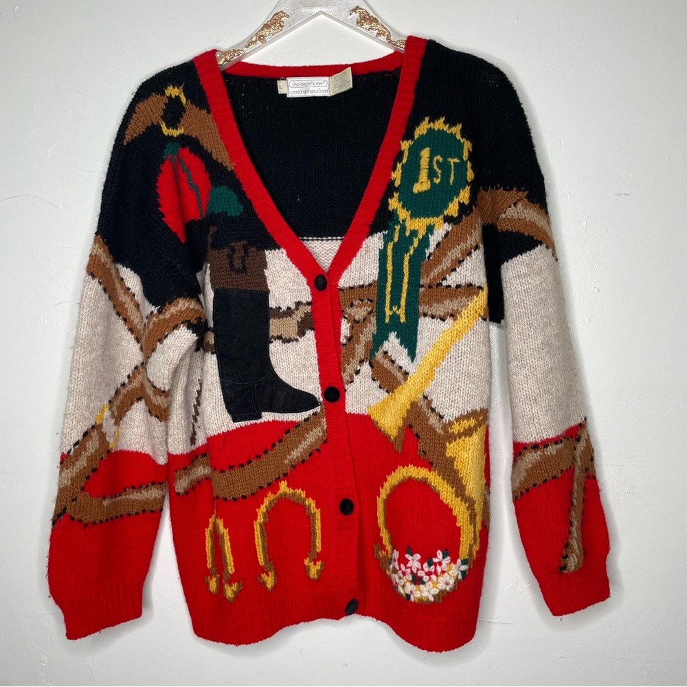 VINTAGE 90s EQUESTRIAN HERMES HORSE STYLE 100% WOOL KNIT CARDIGAN SZ L